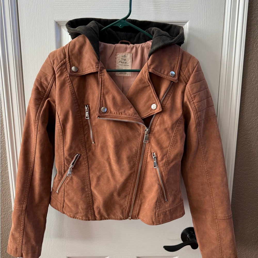 We The Free Vegan Leather Moto Jacket with Hood
